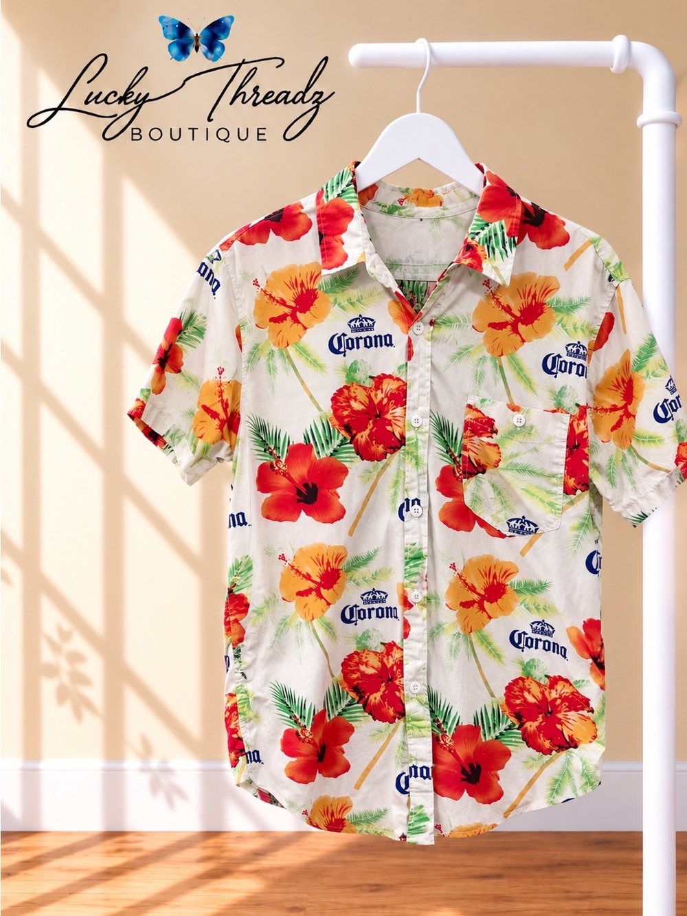 Corona Men's Tropical Hawaiian Shirt - White, Red, Yellow, Green, Blue Men’s M